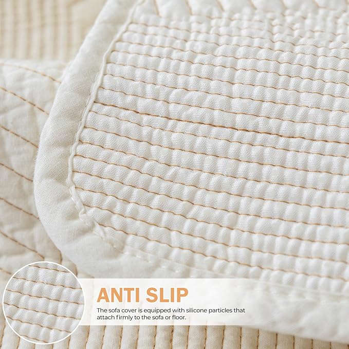 vctops Cotton Quilted Couch Covers for Sectional Sofa (Cream,43"x94") | Geometric Washable Non Slip Sofa Slipcover for Dogs, Children, Pets Furniture Protector Cover - Image 4