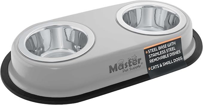 Master Pet Supply Double Dog Bowls Set with Elevated Base Light Gray | 2 - (8 oz) Stainless Steel Removable Dishes Double Cat Food Water Bowl, Dog Puppy Food Bowl Set, Rust Resistant, Raised Dish by MasterPetSupply