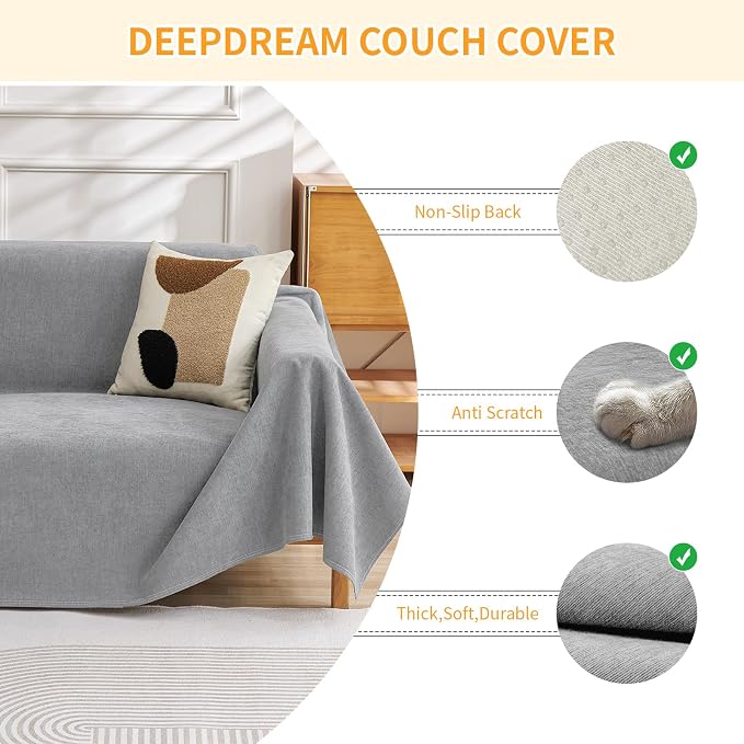 Deep Dream Cat-Scratch Resistant Couch Cover, Waterproof Sofa Cover for 3 Cushion Couch Washable, Pet Friendly Couch Protectors Anti Slip Thickened Sofa Slipcovers for Dogs Pets,91" x 134",Light Grey - Image 3