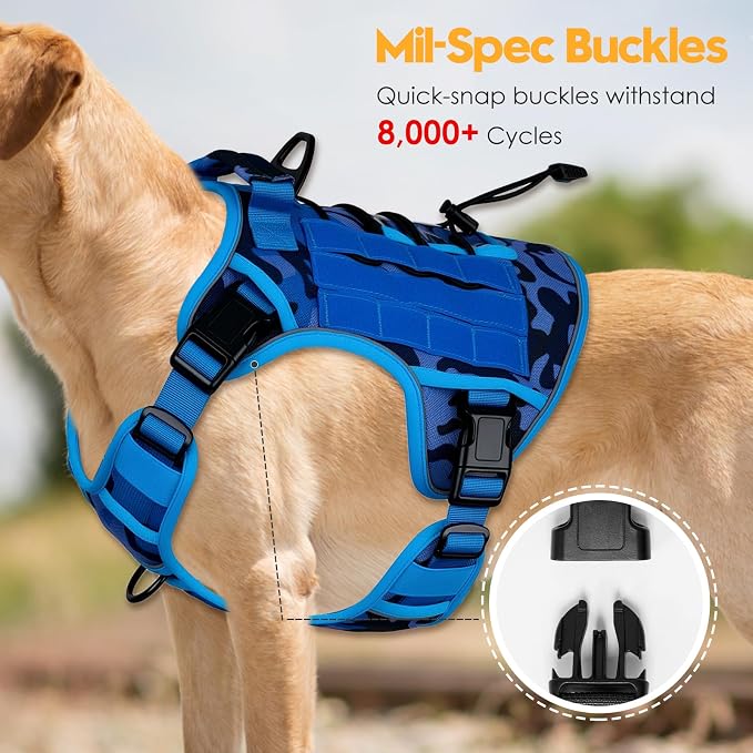 Heavy-Duty Tactical Dog Harness for Large Dogs, No Pull Adjustable Reflective Pet Vest with Molle System, K9 Military-Grade Control for Service Training, Outdoor & 10+ Breeds, Blue Camo, Large - Image 3