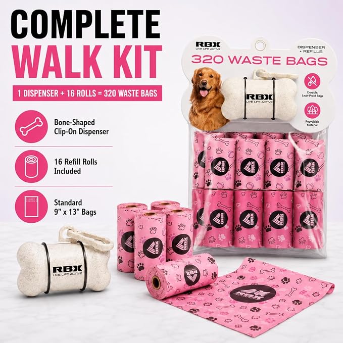RBX Dog Poop Bags with Leash Holder, 320 Bags, 16 Refill Rolls | Clip-On Dispenser, Durable Leak-Proof, Recyclable Material - Image 7
