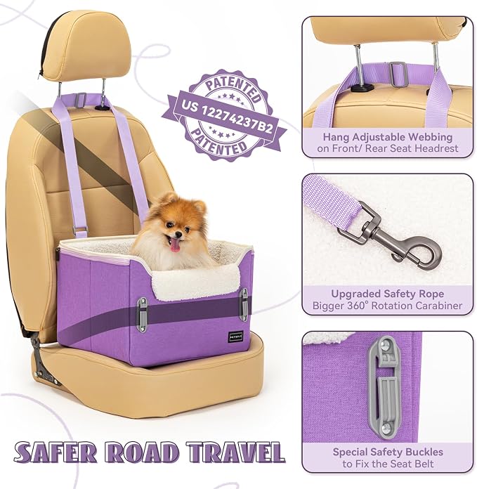 PETSFIT Small Dog Car Seat – Patented Safety Buckles – Safety Tether – Foldable Travel Dog Booster Car Seat Reduces Anxiety & Road Trips – Stable Frame, Soft Cushion, Fits Front/Back Seat (Purple) - Image 3