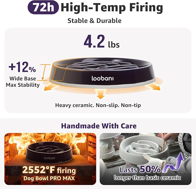 LOOBANI 4.5 Cups Ceramic Slow Feeder Dog Bowls Giant Dogs with Grip Handles | Heavy Ceramic, Stay in Place, Healthier Eating, Durable & Easy-Clean, Foam-Protected, Perfect for Fast-Eating Large Breeds - Image 3