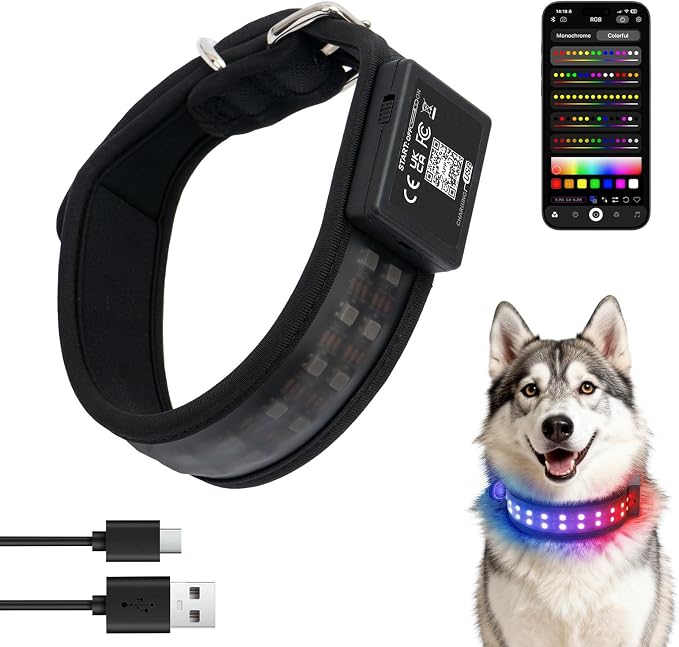 UNISE Customizable LED Dog Collar: RGB Color Changing Light Up Dog Collar | 20+ Lighting Modes, Adjustable Brightness for Night Safety, IP65 Waterproof, App Controlled, Fits Small Medium Large Dogs by UNISE