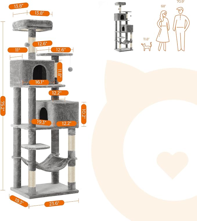 Feandrea Cat Tree, 73.2-Inch Cat Tower, Multi-Level Condo, Light Gray | with 5 Scratching Posts, 2 Perches, 2 Caves, Hammock, 2 Pompoms for Indoor Cats, Easy to Assemble, UPCT191W01 - Image 6