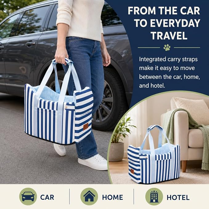 Console Dog Car Seat for Small Dogs to 15lbs (Blue& White Stripes) | Center Console Puppy Booster and Portable Travel Bed, Anti-Collapse Design with Washable Fluffy Cushion - Image 3