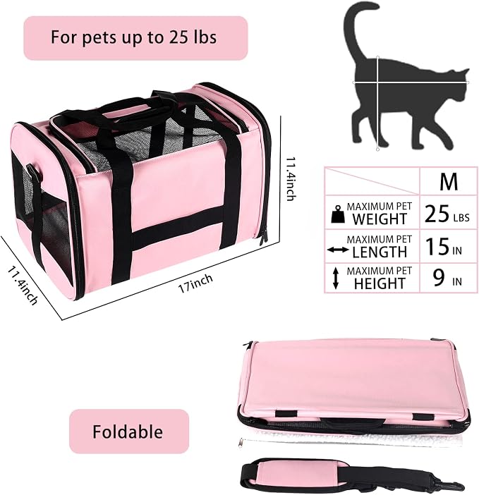 Cat Carrying Case - Pet Carrier Airline Approved, Protable and Breathable Pet Travel Carrier Removable Fleece Pad, Collapsible Cat Carrier Dog Carrier for Medium Cats Small Cats Dogs (Medium, Pink) - Image 2