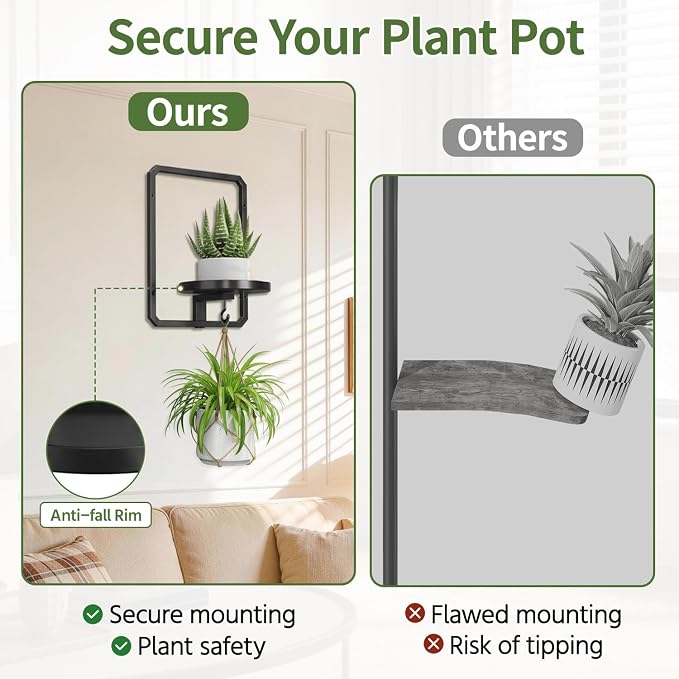 LASZOLA Plant Picture Frame Holder Shelf Wall with Lights, Black | Modern Floating Flower Hanger Indoor, Window Wall Mounted, with Hooks, Metal Planter Hanging Stand Display for Bathroom - Image 5