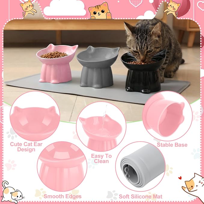 3 Pcs Elevated Cat Bowls 15°Raised Cat Food Bowl with Silicone Mat Grey | with Silicone Mat Whisker Friendly Anti Vomiting Cats Dishes Pet Food and Water Bowls for Indoor Cats Kittens - Image 3