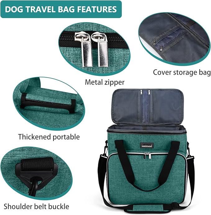 BAGLHER Pet Travel Set Airline-Approved Carrier for Small/Medium Cats & Dogs + Travel Bag with Food Containers & Silicone Bowls, Grey & Green - Image 4