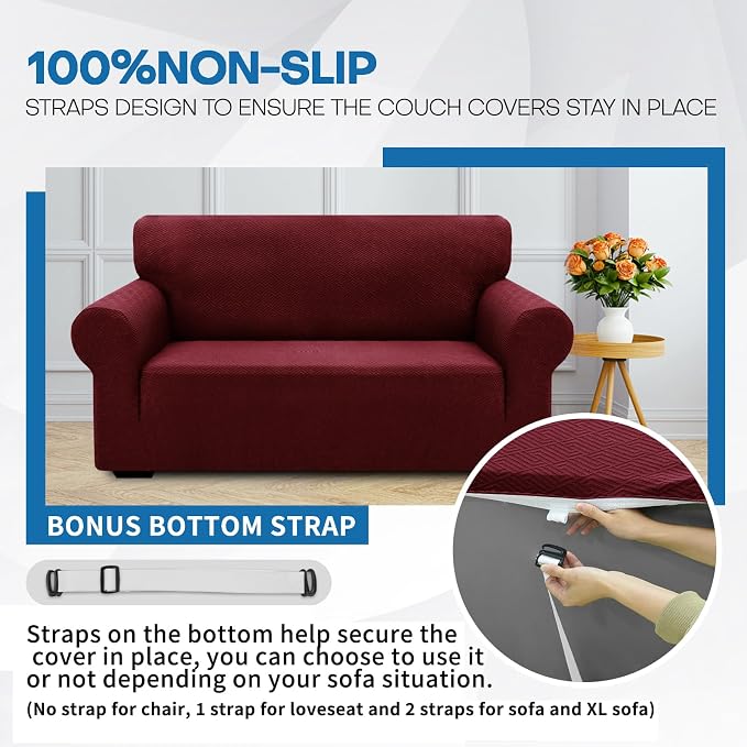 XINEAGE Stretch Jacquard Loveseat Cover, Non Slip Sofa Slipcover for Dog | High-Stretch Fabric. Wear-Resistant, Pet Friendly. Easy Install & Washable for Living Rooms, Offices.Wine Red - Image 7