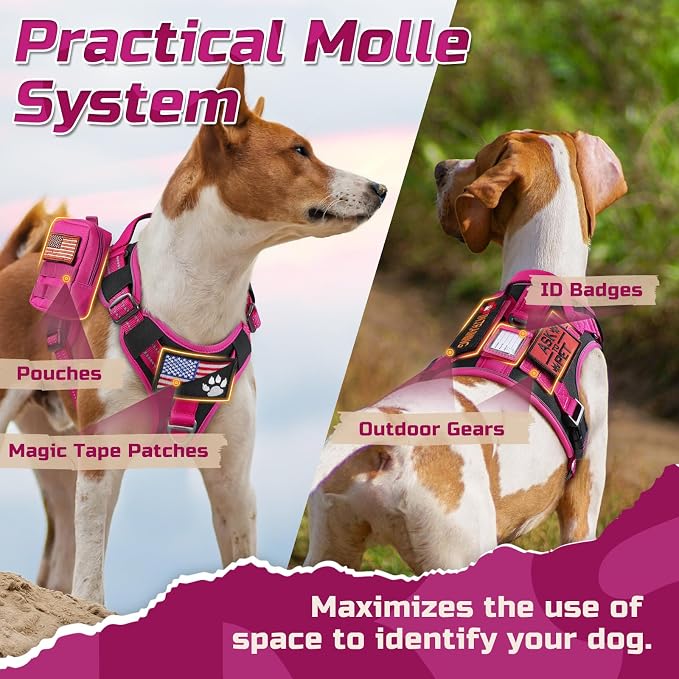 rabbitgoo Tactical Dog Harness for Medium, No Pull Military Service Vest | Molle & Handle, Heavy Duty, Adjustable, Reflective Straps, Easy Control for Training Walking, Black & Rose Red, Medium - Image 4