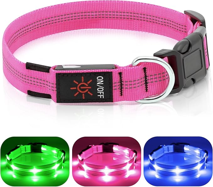 Weesiber Light Up Dog Collars - Rechargeable LED Collar - Reflective Adjustable Dog Lights for Night Walking (Pink, Small) by Weesiber