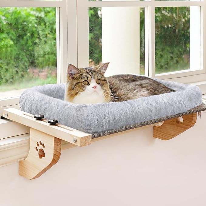 AMOSIJOY Cat Sill Window Perch Sturdy Hammock Window Seat with Cushion Bed Cover, Wood & Metal Frame for Large Cats, Easy to Adjust Cat Bed for Windowsill, Bedside, Drawer and Cabinet(Cushion Bed) by AMOSIJOY