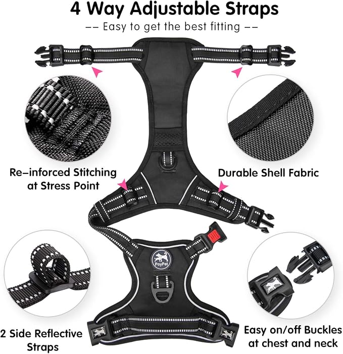 PoyPet Dog Harness Large, No Pull Vest with Front/Back Clip & Neck Buckle | No Choke, Lockable, Reflective, 2 Lead Rings, Adjustable, Soft Padded Handle for Training Walking, L, Black - Image 4