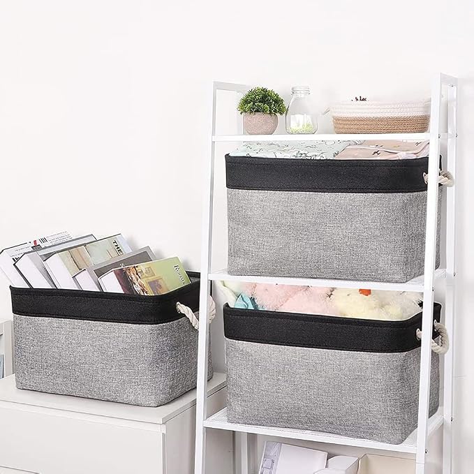 TheWarmHome Organization and Storage Basket for Shelves - 20x16x14 inch Jumbo 3 Pack Collapsible Storage Bins for Organizing, Fabric Storage Cubes for Organizer Gift Toy Closet (Black & Grey) - Image 2