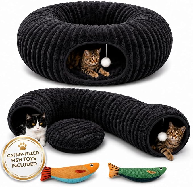 Cat Tunnel Bed with 2 Catnip Fish Toys (1000mg Natural Catnip) Interactive Cat Toys, Cat Tubewith Kitten Toys for Indoor Kittens, Collapsible Play Tunnel, Dark Grey by Unknown