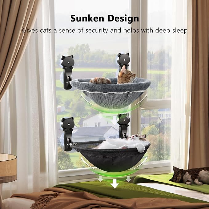 2 Pack Cat Window Perch Cordless, Kitty Hammock with Sunken Design Foldable & Stable Cat Beds- Breathable Window Hammock for Overlooking, Sunbathing and Climbing - Maximum Hold Up to 40lb - Image 2