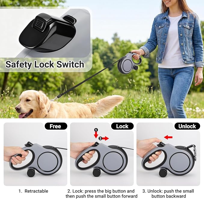 Segarty 26 Ft Walking Lead with Poop Bag Holder for Dog 66 lbs - 110 lbs, 8m Dog Leash Retractable with Anti-Slip Handle & One-Handed Brake Pause Lock, 360°Tangle-Free Leash for Pet Outside Activities - Image 4