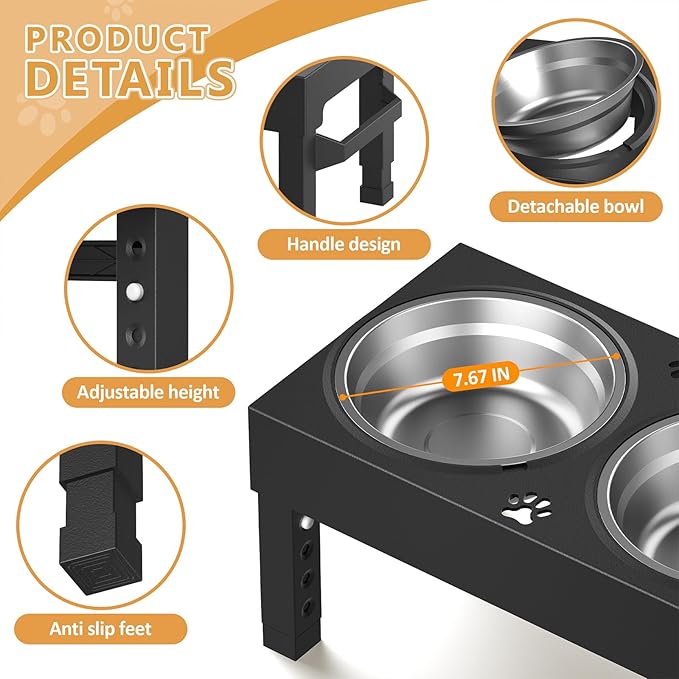 Elevated Dog Bowls Stand Large Breed, Height Adjustable Raised Dog Bowls Holder with 2 Stainless Steel Food Bowls for Small, Medium and Large Canine，Black - Image 5