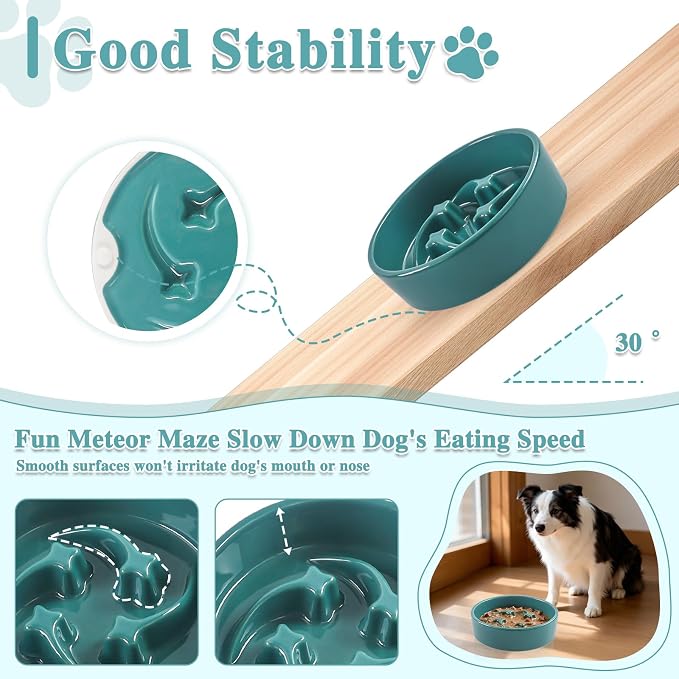 Ceramic Slow Feeder Dog Bowls,0.6 Cups Dog Food Dish for Small Medium Dogs | 6.3 inch Puzzle Dog Food Bowl for Fast Eater, 15OZ, (Dark Green) - Image 3
