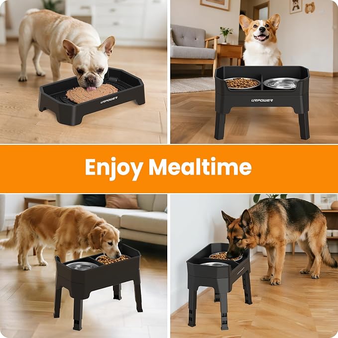 URPOWER Elevated Dog Bowls, 3-in-1 Double Deck Raised Dog Bowl Stand | 4 Height Adjustable Raised Stand with 2 Stainless Steel Food Bowls & Licking Plate for Small, Medium & Large Dogs - Image 7
