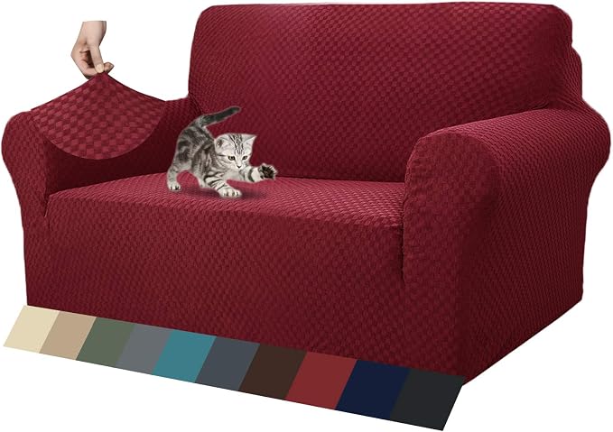 ZNSAYOTX 1 Piece Jacquard Couch Covers for 2 Cushion Couch High Stretch Loveseat Slipcover for Pets Dogs Anti Slip Love Seat Sofa Slipcover Furniture Protector (Loveseat, Wine Red) - Image 8