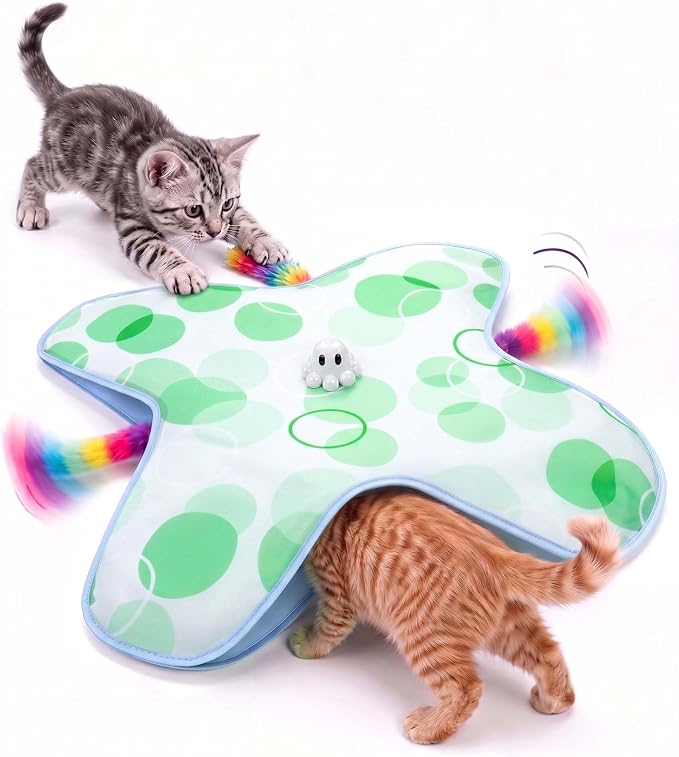 PetsBusy Automatic Hide &Seek Interactive Cat Toys for Indoor Cats,[Week-Long Big Battery] Rechargeable Smart Touch-Activated Kitten Toy with Moving Rainbow Tail for Bored Adult Cats, by HappypetschoosePetBusy