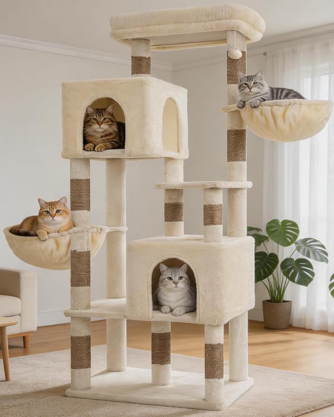 Heybly 68.1" Cat Tree with Oversized Top Platform & Wide Base HCT059MJ | Heavy Duty Cat Tower for Large Indoor Cats with 2 Condos, 2 Hammocks, 10 Sisal Scratching Posts, Stable Cat House, Beige by HEYBLY