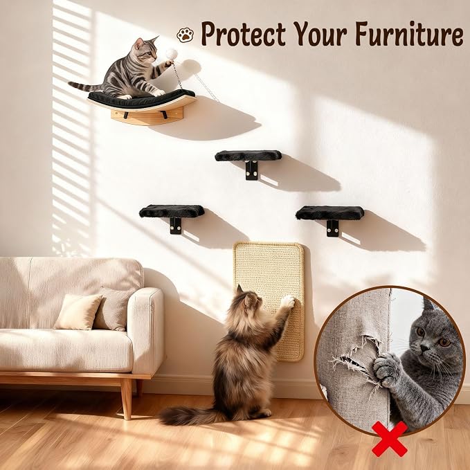 Wooden Cat Wall Shelves and Perches, 5 Piece Wall Mounted Cat Furniture System with Soft Washable Pads, Modern & Space-Saving Design for Climbing and Play - Image 5