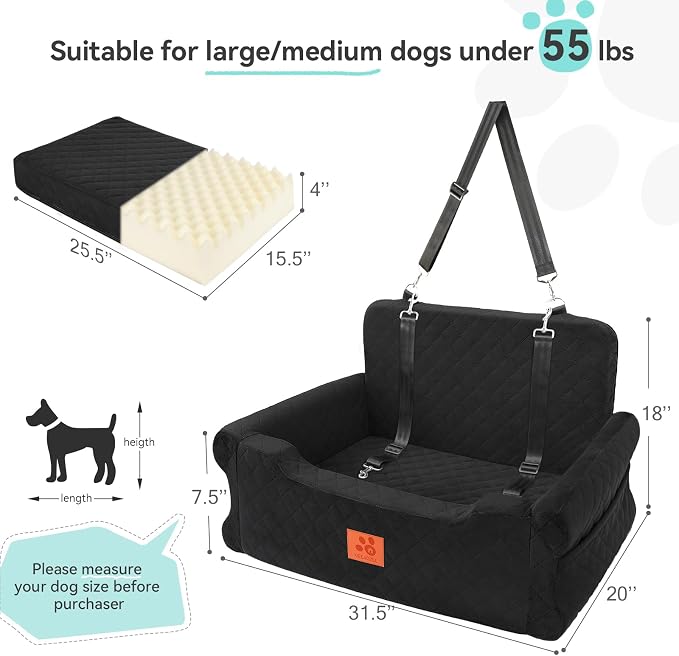 XIEEAOZEE Dog Car Seat for Large/Medium Dogs Up to 55 Lbs, Soft Fabric Car Dog Bed Filling Memory Foam, Removable and Washable Pet Booster Carseat with 2 Safety Leashes, Thick Cushion (Black) - Image 2