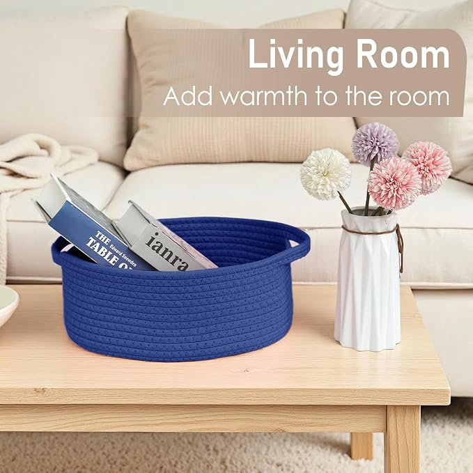 JMvicyroam Small Woven Basket, Empty Gift Basket, Navy Blue/3 Pack | Small Gift Basket, Cotton Rope, 12 x 8 x 29 in, Handles, Includes Ribbon and Bag, Birthday Gift Basket - Image 7