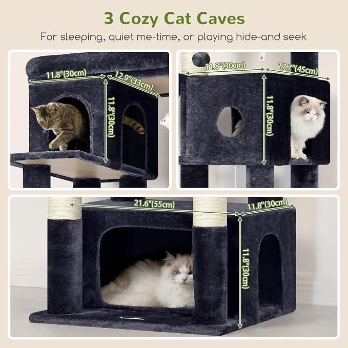 Globlazer Large Cat Tree, 80in Tall Climbing Tower, F80F, Dark Grey | Multi-Level Cat Scratching Tower for Indoor Multiple Large Adult Cats Kittens with 3 Cat Caves, 3 Hanging Baskets - Image 2