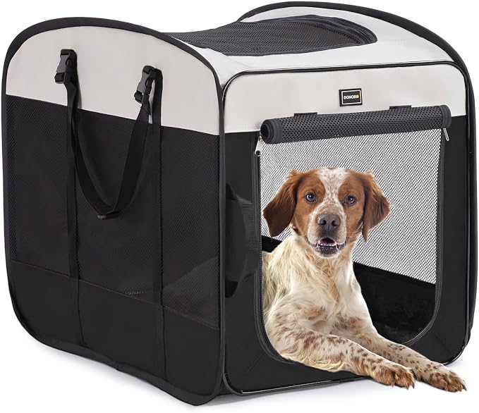 DONORO Dog Kennels and Crates for Medium Dogs, Portable Pop Up Indoor Pet Cage with Sturdy Wire Frame, Collapsible Travel Crate Soft Sided Cat Bag Escape Proof (Black, 28.0" L x 18.0" W x 22.0" H) by DONORO