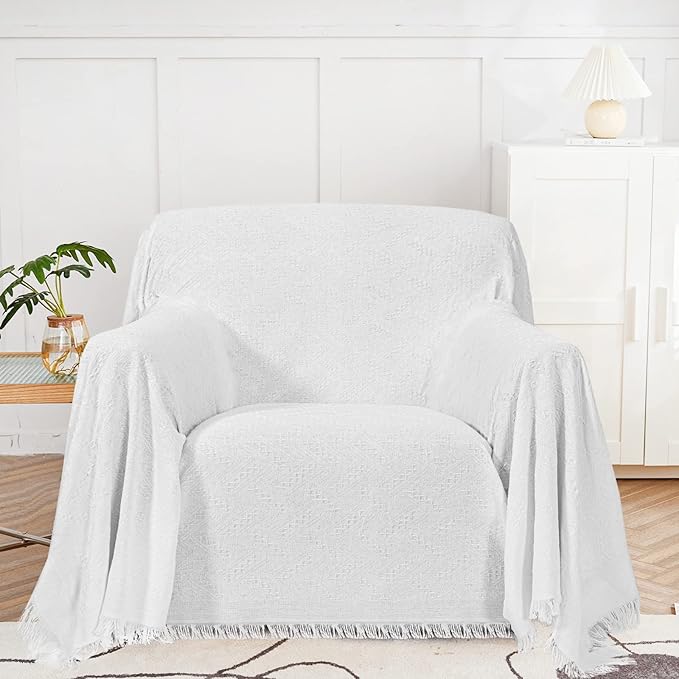 MYSKY HOME Couch Cover White Sofa Covers Small Chair Cover Geometrical Couch Recliner Cover for 1 Cushion Couch Washable Futon Sofa Throws Single Sofa Slipcovers for Dogs (Medium, 71" x 91", White) by MYSKYHOME