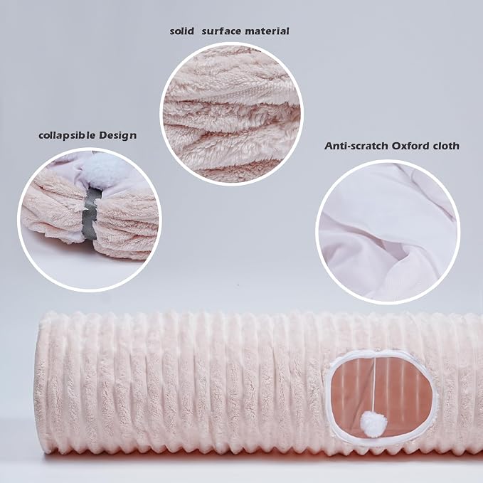 Luxurious Cat Tunnel,43" Straight Cat Tunnel Toys with Balls for Indoor,Collapsible Peekaboo Cave for Kitten（Pink Stripe） - Image 5