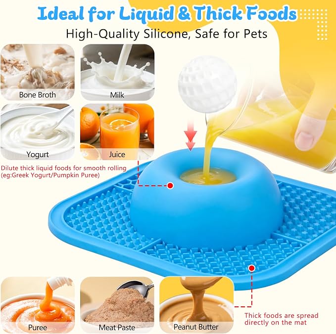 Slow Feeder Dog Bowls & Lick Mat for Liquid and Thick Treat, Anti-Slip Dog Lick Bowl with Interactive Rolling Ball, 5/6 Cup Pup Licking Toy for Large Medium Small Dogs and Cats-Large Blue - Image 3