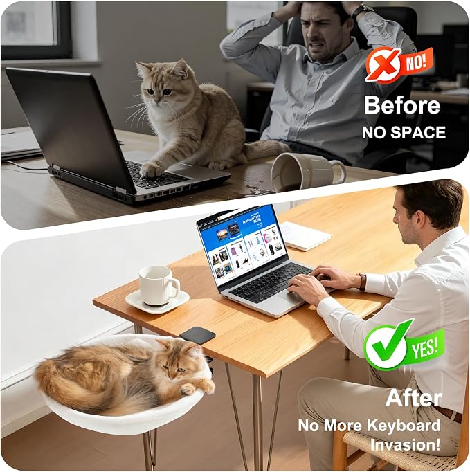 Uross Cat Desk Bed, Space Saving Desktop Folding Cat Hammock Work from Home Office Accessories for Indoor, 2 Interchangeable Covers (Cozy Plush & Breathable Mesh) for All Seasons-Beige - Image 5