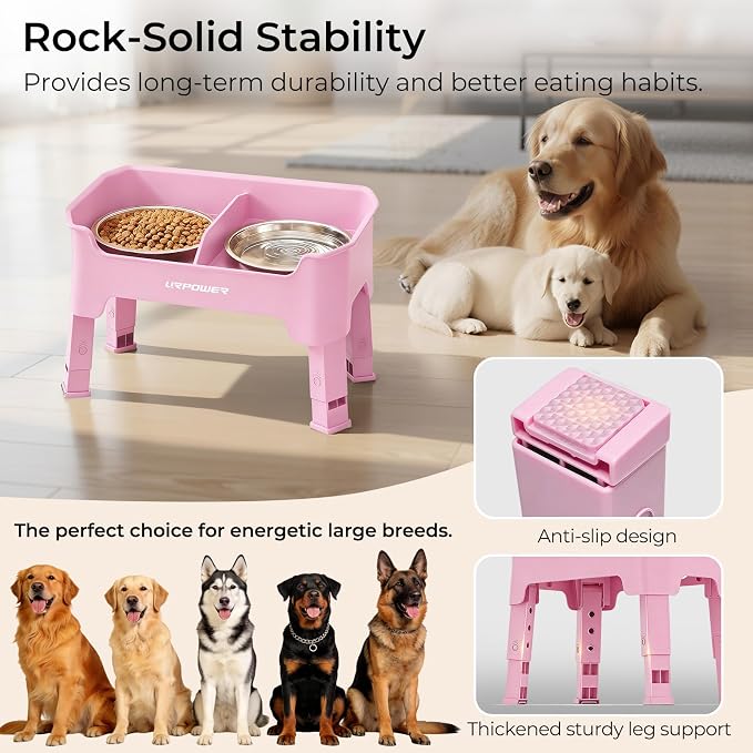 URPOWER Mess Proof Elevated Dog Bowls, Splash Guard Raised Bowl Stand | 4 Adjustable Heights, 2 Stainless Steel Bowls, Food & Water Separation, Foldable Design Non-Slip for Small Medium Large Dogs - Image 7