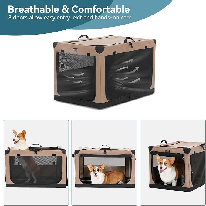 PETSFIT 30" Soft Portable Dog Crate – Patented Spiral Sturdy Frame, Collapsible Travel Kennel for Medium & Large Dogs, 3 Mesh Door, Lockable Zippers, Indoor & Car Use Khaki - Image 7
