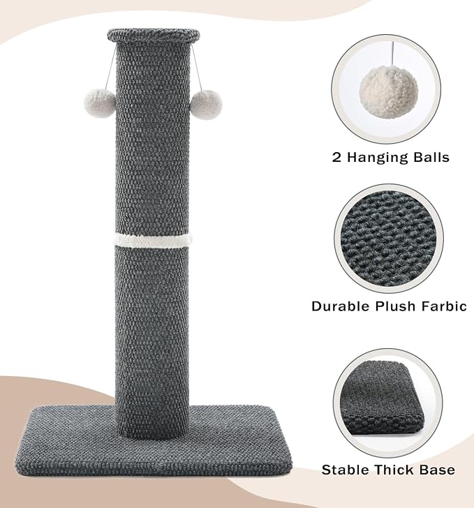 Made4Pets Tall Cat Scratching Post, Carpet Scratcher for Indoor Cats, 33" | Reach-and-Stretch Height, Wide Base, Hanging Balls for Play, Easy Assembly with Tools, For Adult and Larger Cats, Dark Grey - Image 3