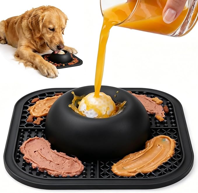 Slow Feeder Dog Bowls & Lick Mat for Liquid and Thick Treat, Anti-Slip Dog Lick Bowl with Interactive Rolling Ball, 5/6 Cup Pup Licking Toy for Large Medium Small Dogs and Cats Black by PetsHome