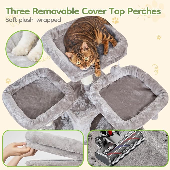 Taoqimiao Cat Tree for Large Cats, 76.8 Inches XL Cat Tower for Indoor Cats | 2 Scratch Boards, 3 Top Perches, 9 Scratching Posts, Multi-Level Cat Tree with 2 Condos, 2 Cozy Basket, Light Gray, T20W - Image 3
