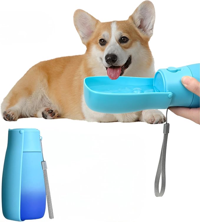 Portable Dog Water Bottle 10oz Blue | Foldable pet water dispenser, food grade plastic, ease to use for outdoor walking, hiking, travel by VEPOUYUDIRECT