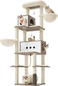 Feandrea Cat Tree, 75.6-Inch Modern Cat Tower, Tall Multi-Level Condo with 2 Caves, 2 Hammocks, 4 Scratching Posts, Self-Groomer, Tunnel, Perch, Heather Greige UPCT193G01 | Tall Cat Tower, 4 Scratching Posts, Self-Groomer, Tunnel, Perch, Heather Greige... by FeandreabySONGMICSHOME