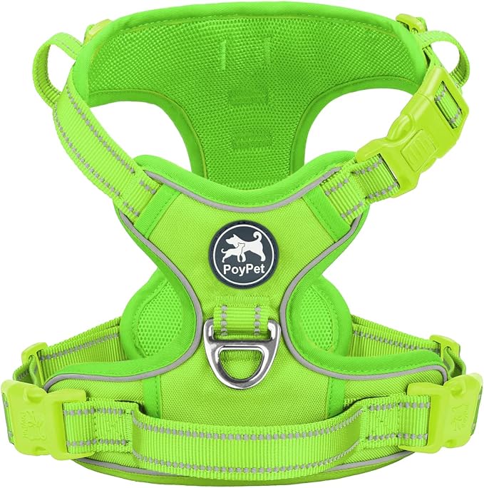 PoyPet No Pull Dog Harness, Reflective Vest with 2 Leash Clips & Handle | Lockable Neck Release Buckle, No Choke, Adjustable, Soft Padded, for Walking Training, Green Matching Trim, Small by PoyPet