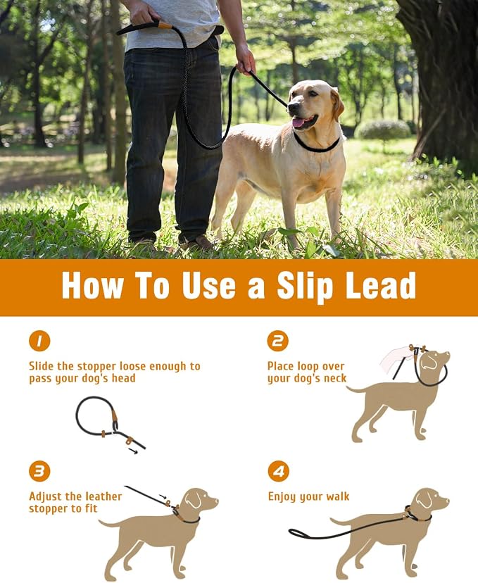 2 Pack Dog Leash Slip Lead Braided Rope Pet Training Loop Leashes 6ft 8ft | Lynxking Strong Heavy Duty 1/2" 3/8", Durable Padded Handle No Pull Basic Training Nylon Lead,Small Medium Large Dogs Puppy - Image 4