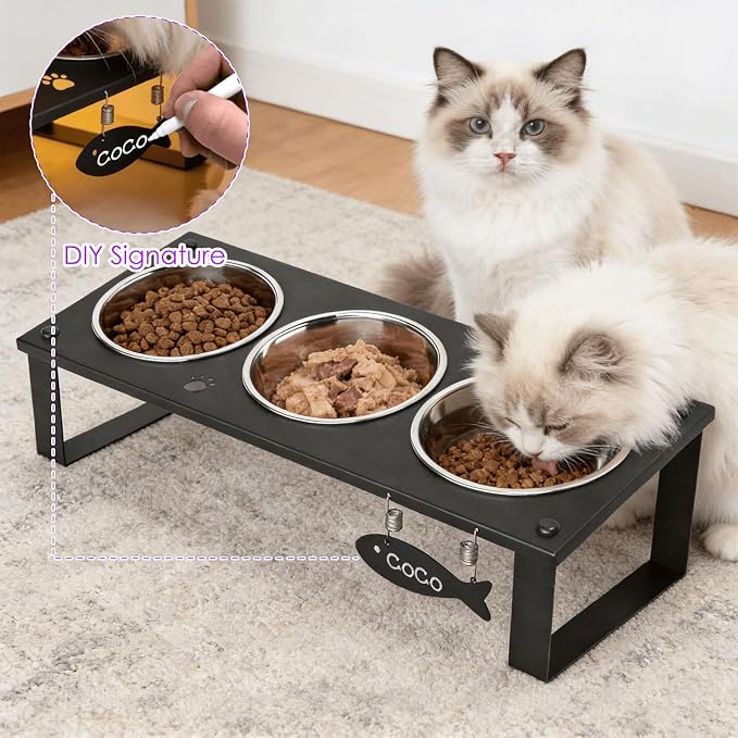 3 in 1 Elevated Cat Bowls with Splash proof Mat for Kittens, Puppies, Multi-pet Households, 10° Tilted Raised Cat Bowls Anti-Vomiting, 3 Wide Shallow Stainless Steel Bowls, Whisker Friendly, 3.5" Tall - Image 4