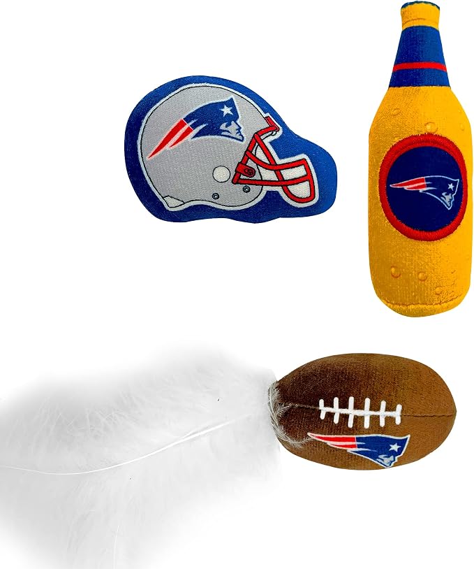 BEST PLUSH CAT TOY: NFL NEW ENGLAND PATRIOTS Complete Set of 3 piece Cat Toys filled with Fresh Catnip. Includes: 1 Helmet Cat Toy, 1 Football Cat Toy with Feathers & 1 Beer Bottle all with Team LOGOS - Image 2