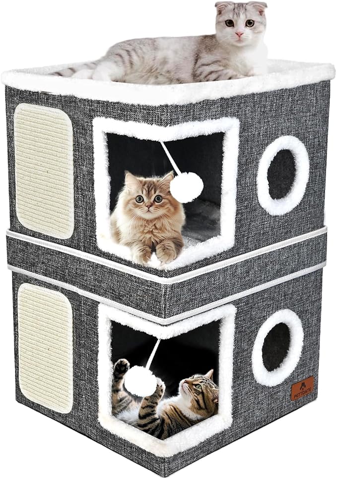 2-Story Cat House for Indoor Cats, Dual-Purpose Cave Bed with Scratch Pad and Fluffy Ball, Foldable Cat Hideaway, Cute Condo Furniture for Multi Small Pet Kitten, Grey by Unknown
